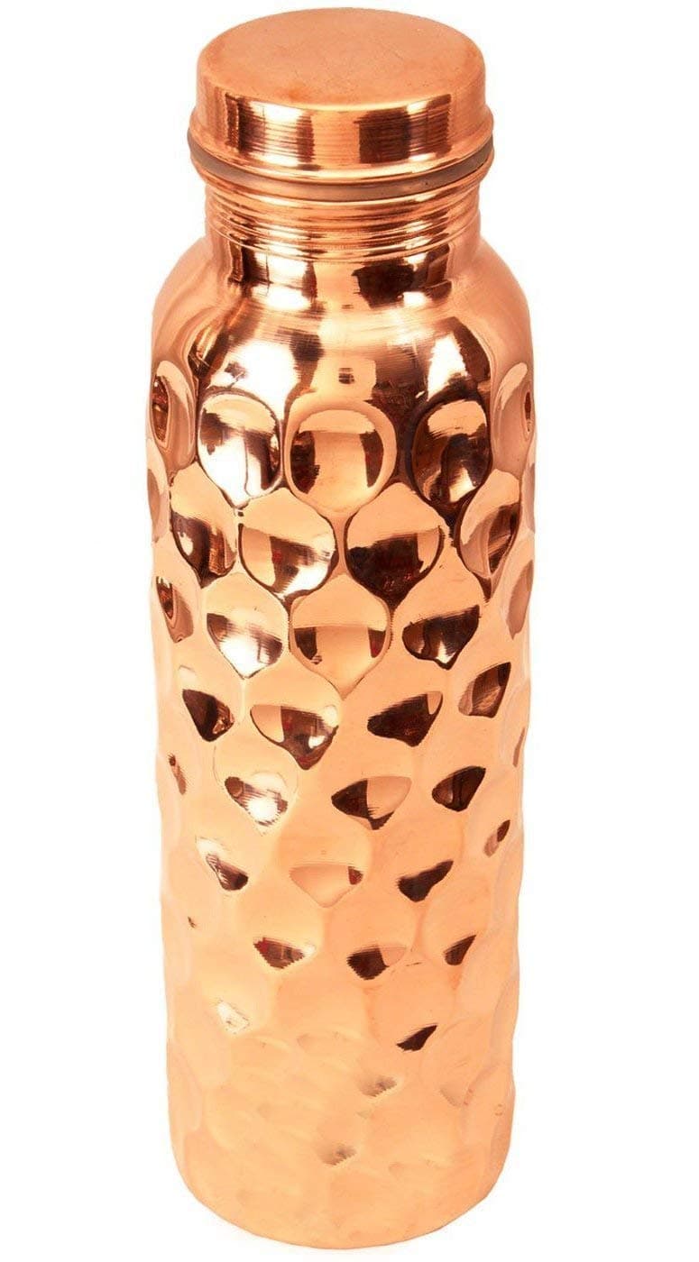 Copper Water Bottle 1 Ltr | Copper Water Bottle for Drinking | 100% Pure Copper & Leak-Proof | Easy to Cary | Suitable for Yoga, School & Offices | Best for Gifting - Diamnond Hammered Finish
