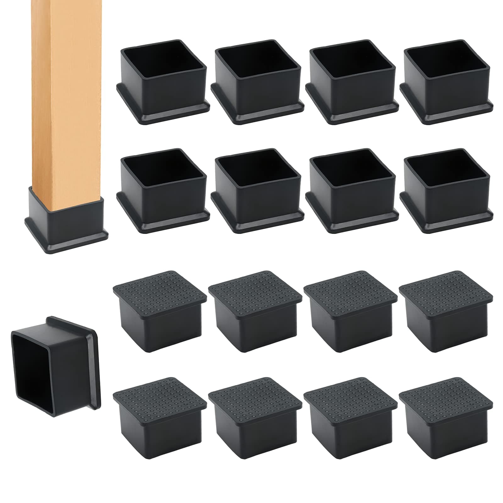 12PCS Square Chair Leg Caps 1-1/2" x 1-1/2" Square Black Furniture Foot Table Chair Leg End Cap, Anti-Slip Chair Leg Floor Protectors, Black
