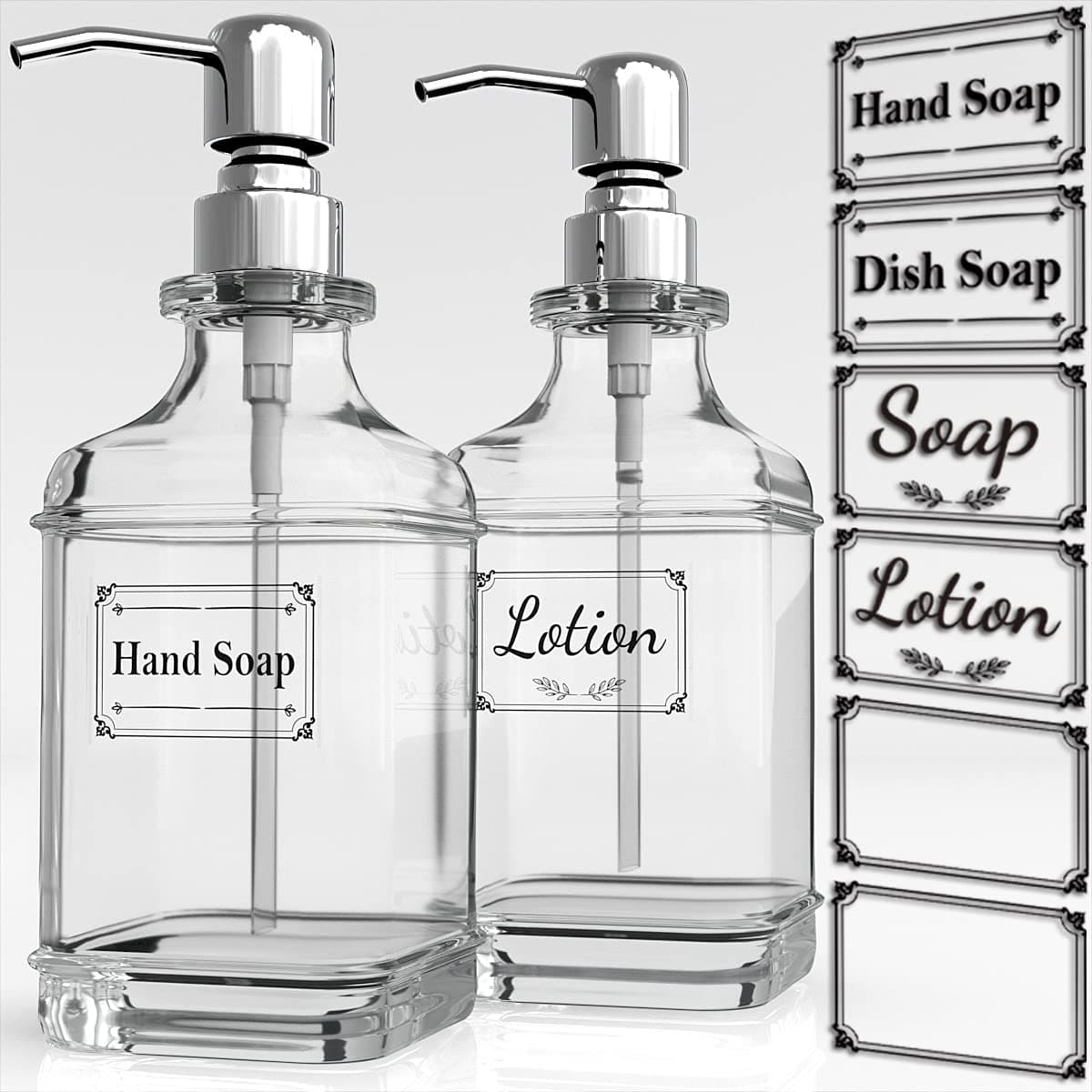 Soap Dispenser - 2 Pack, 18 Oz Antique Design Thick Glass Hand Soap Dispensers; with 304 Rust Proof Stainless Steel Pump, 6Pcs Clear Stickers, for Kitchen, Bathroom - Silver
