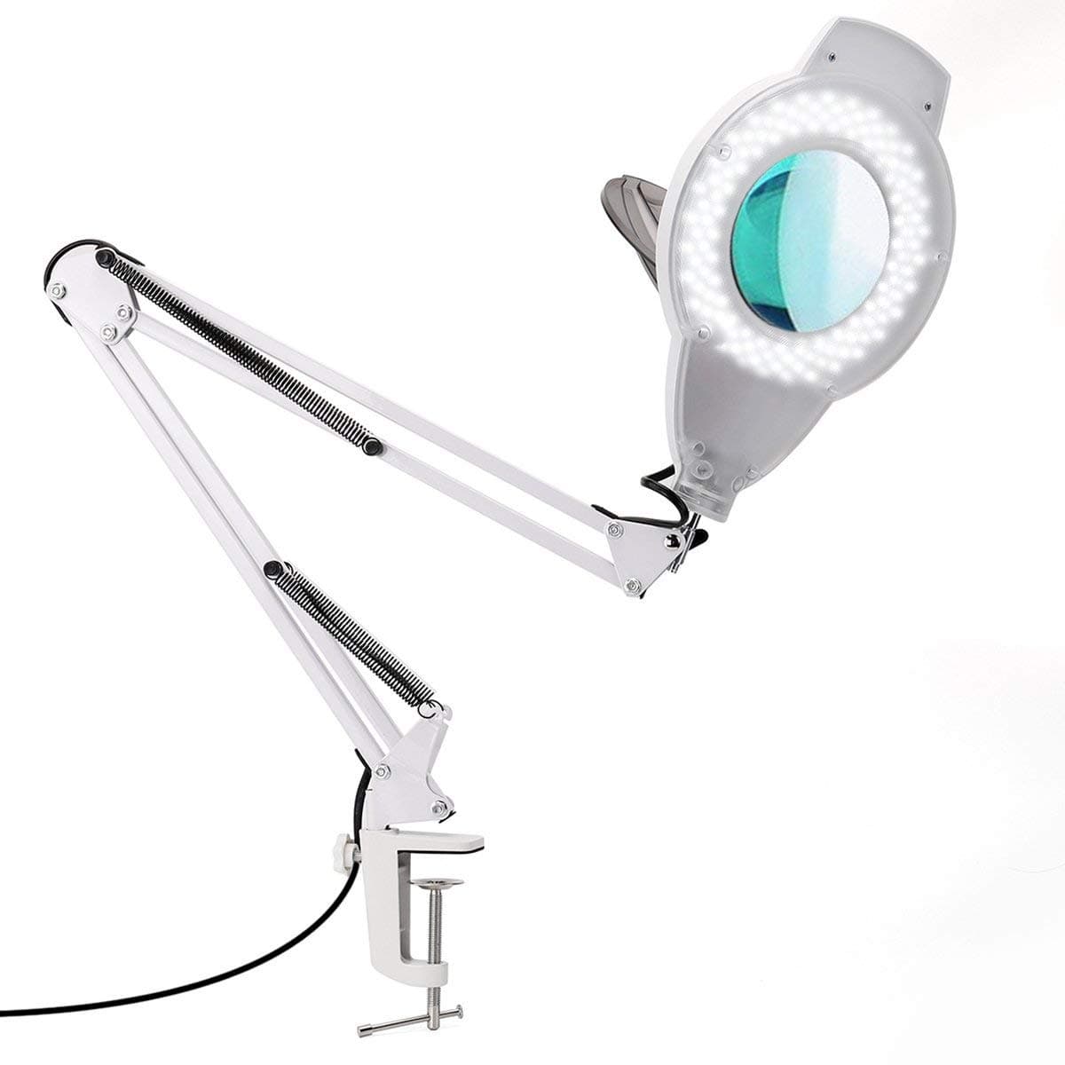LED Magnifying Lamp with Clamp, Dimmable Super Bright Magnifier Glass Lamp, Full Spectrum Daylight 5-Diopter Lens with Adjustable Swivel Arm Light for Desk Table Task Craft Or Workbench-White,White