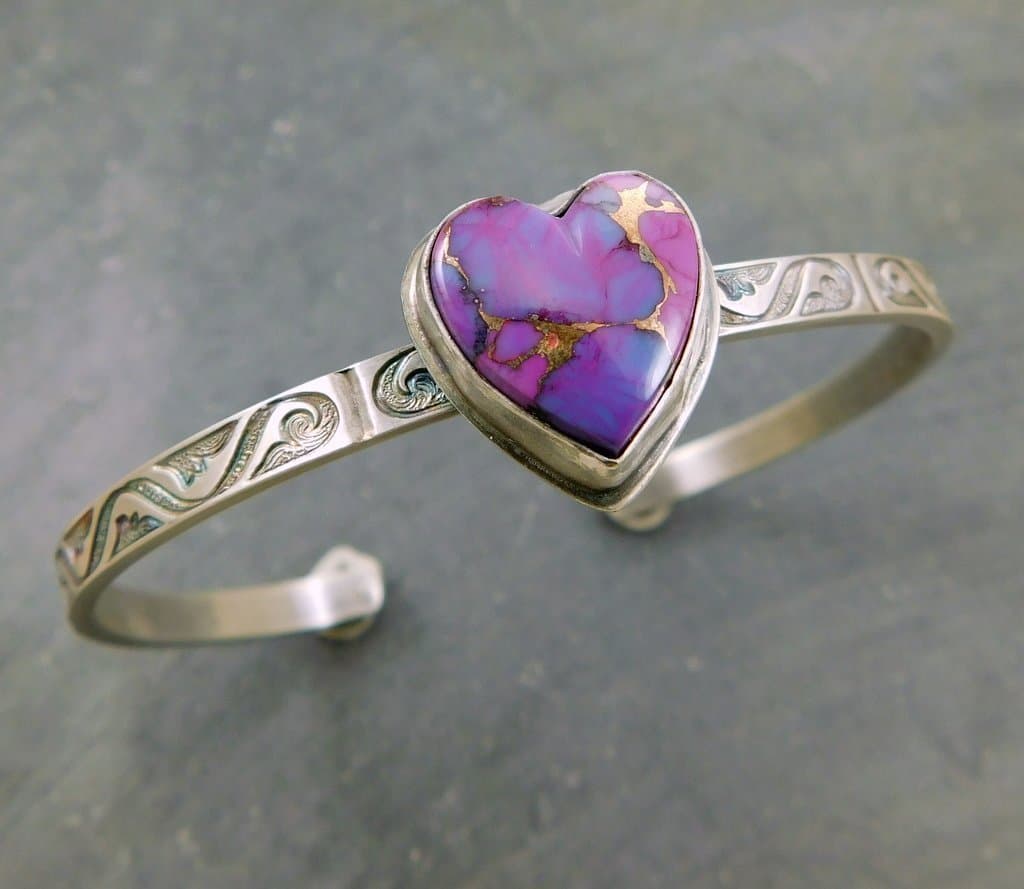 Mohave Turquoise Purple Stone Heart Scroll Design Sterling Silver Cuff Bracelet