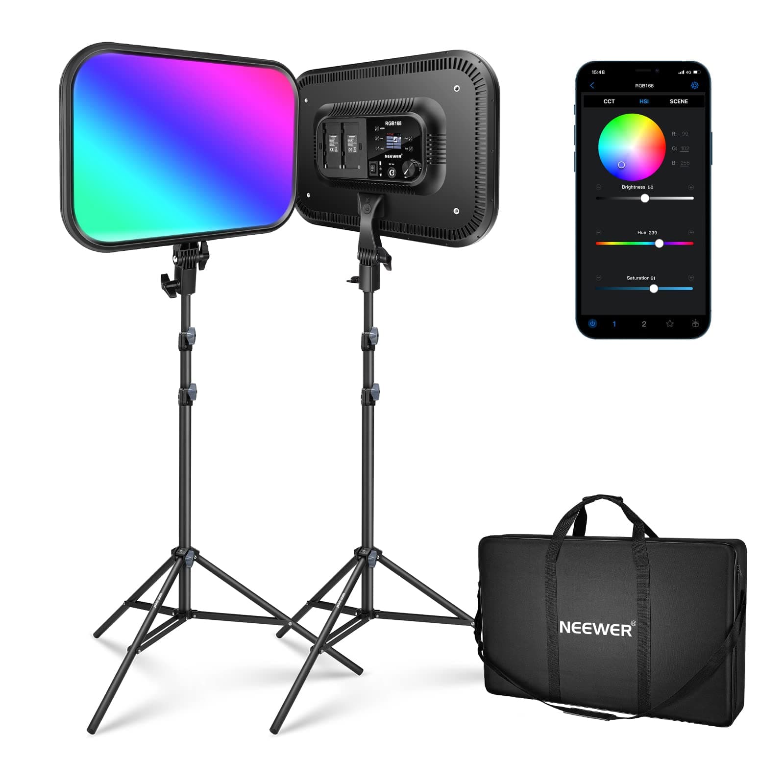 NEEWER RGB168 18.3" RGB LED Video Panel Light with App Control, 2 Pack Tripod Stand Kit, 60W/360° Full Color/2500~8500K/CRI97+, Studio Photography/YouTube Recording/Game Streaming Key Lighting
