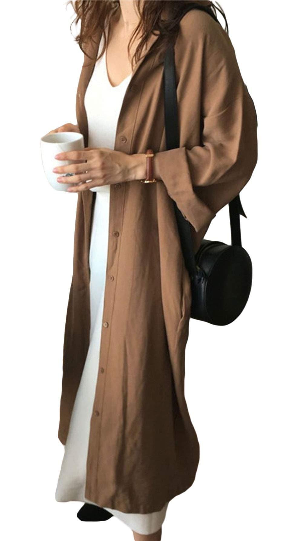 GGUHHU Womens Chic Button Down Rolled-Up Sleeve Long Cotton Blouse Maxi Dress (X-Small, Brown)