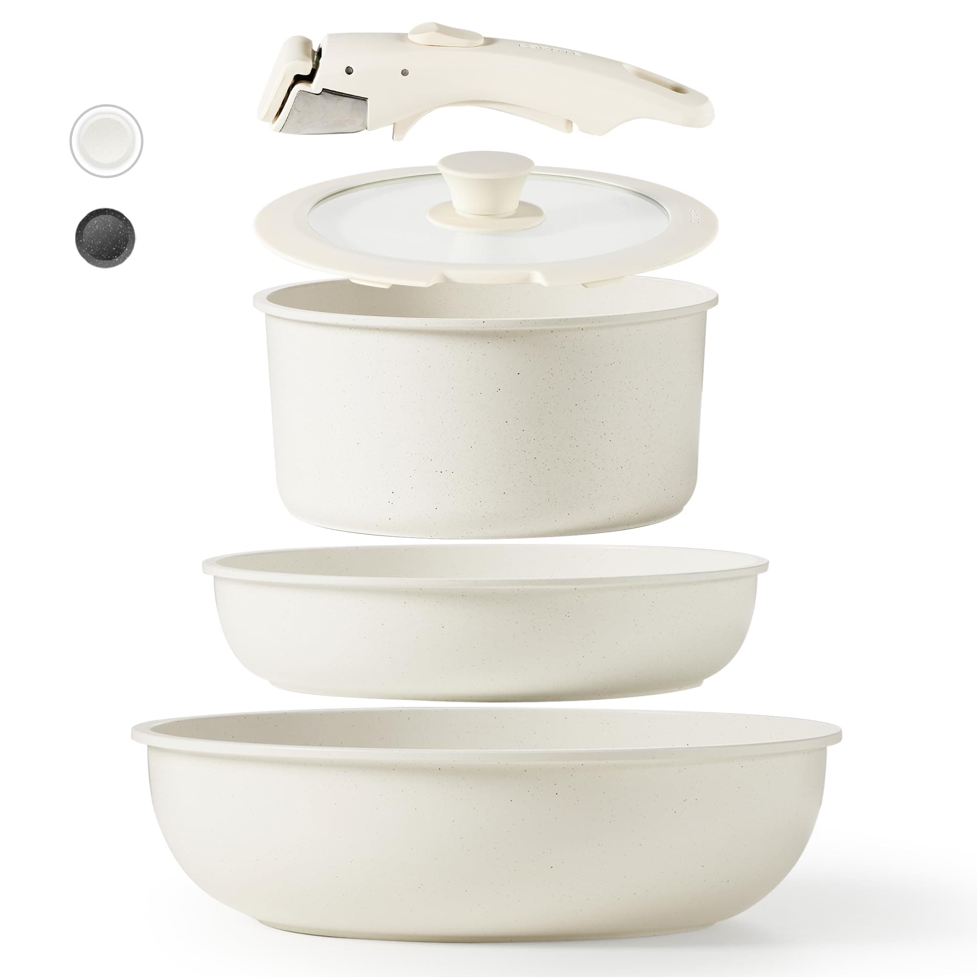 CAROTE Nonstick Cookware Sets, Non Stick Pots and Pans Set Detachable Handle, Kitchen Cookware Sets with Removable Handle, Stackable RV Cookware for Campers, Oven Safe (White 5 PCS)
