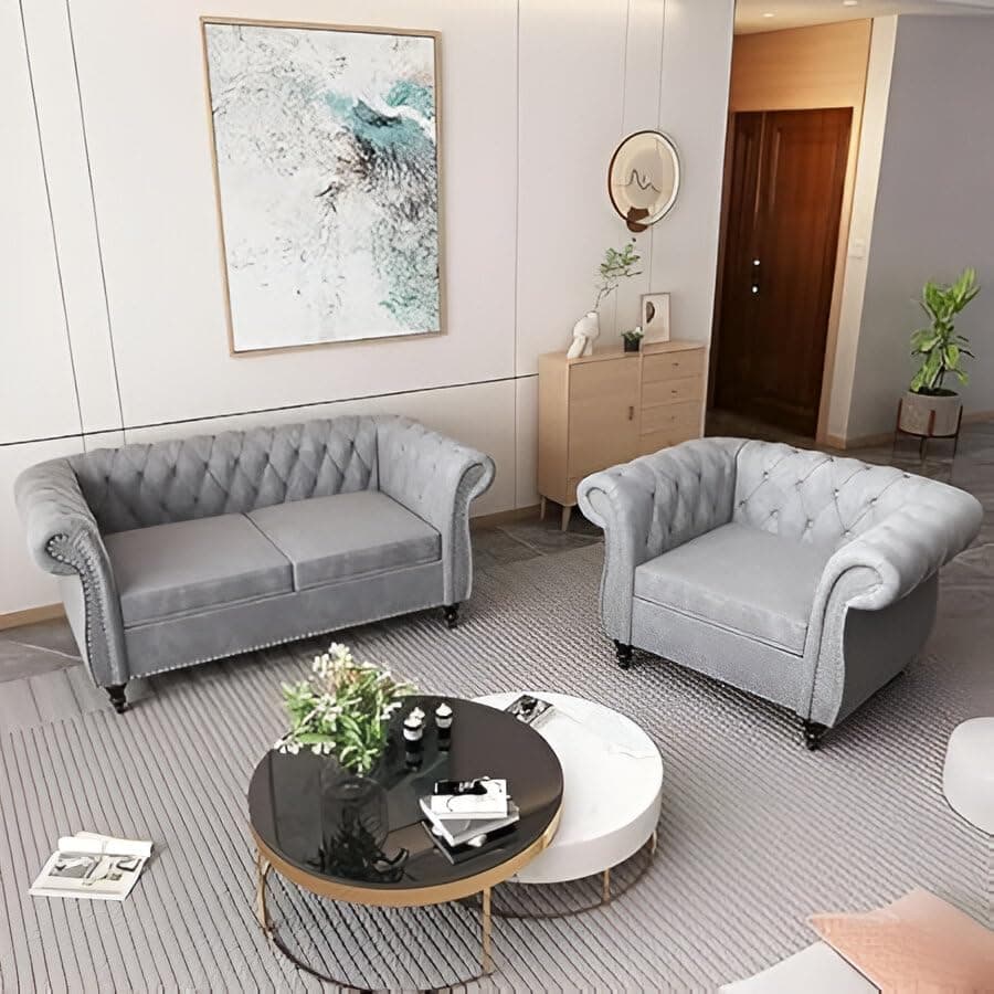 Modern Classic 3 Seater Sofa Couch Fabric & Valvet 2+1 Tufted Chesterfield Sofa Living Room and Office (Grey)
