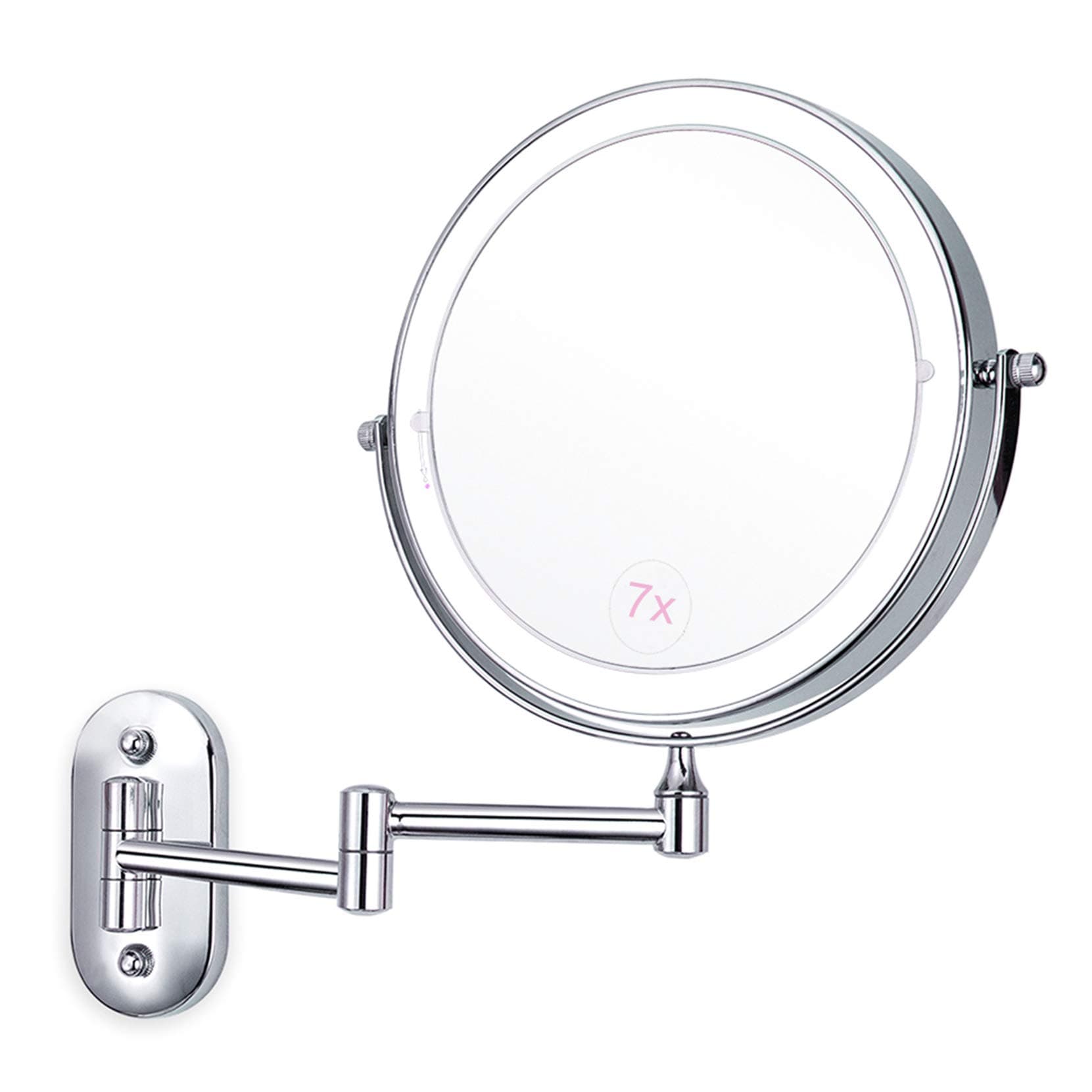 Wall Mounted Makeup Mirror 7X Magnification Double Sided Folding LED Bathroom Mirror Retractable 360°Swivel Illuminated Vanity Mirror, Powered by 4 x AAA Batteries,8 Inches