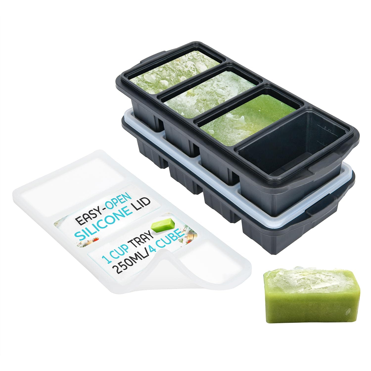 Silicone Freezer Tray With Lid - Soup Freezer Container molds - Large Ice Cube Tray- makes 8 perfect 1 cup portions cubes, 2-Pack Freezer Storage Food Soups & Meal Prep - Oven & Dishwasher -Safe