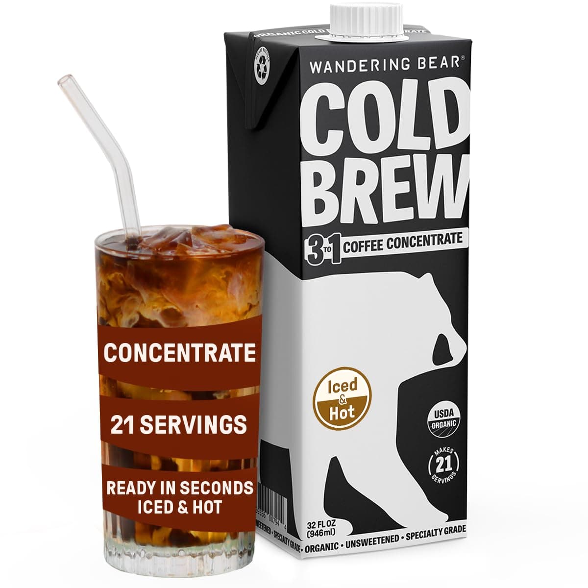 Organic Unsweetened Extra Strong Cold Brew in a Box - Make Your Own Iced Coffee Drink with Wandering Bear Black Concentrate, Shelf-Stable & Vegan - 21 Servings - 32 fl.oz