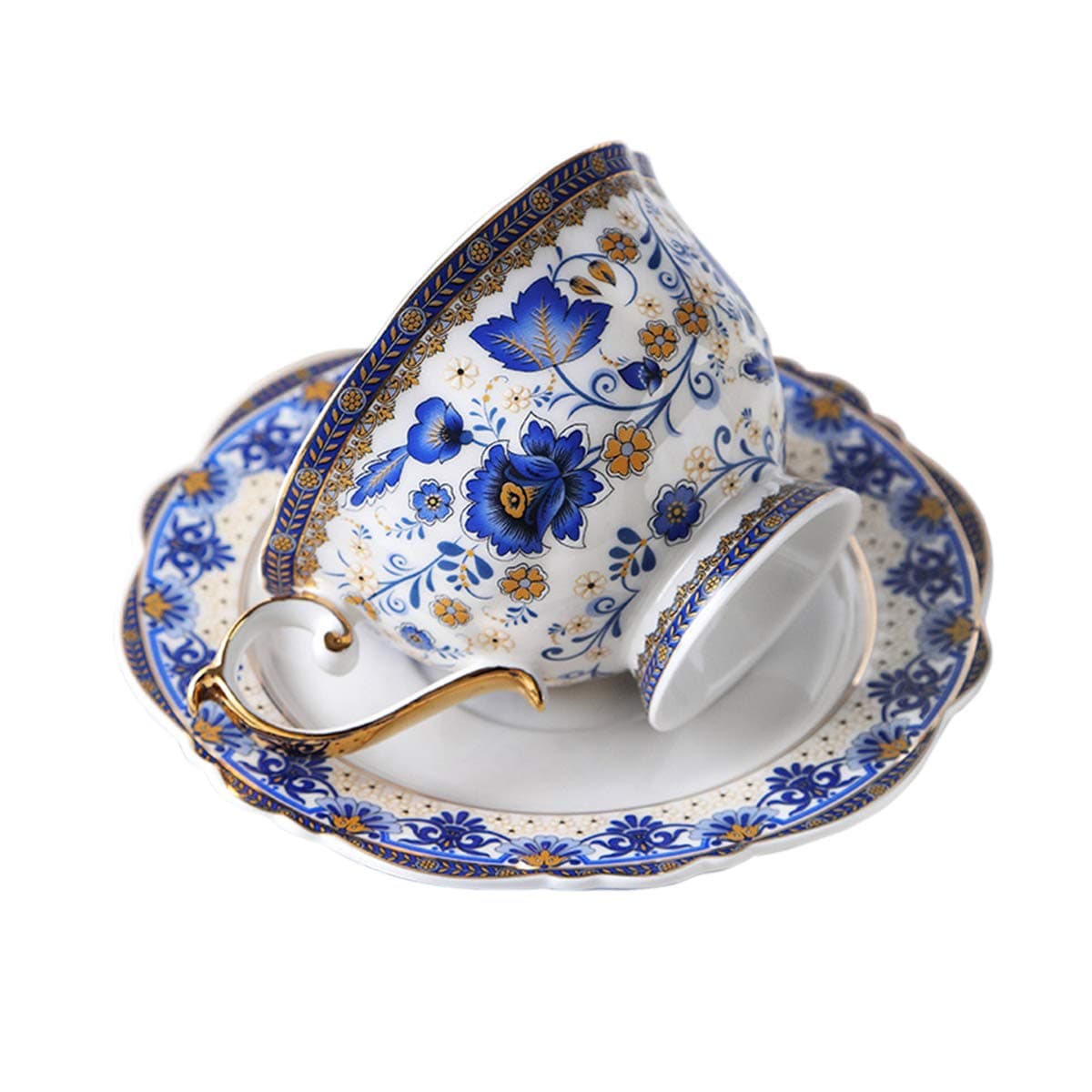 fanquare Fine Bone China British Coffee Cup and Saucer Set, Blue Floral Vintage Porcelain Tea Cup, 200ml