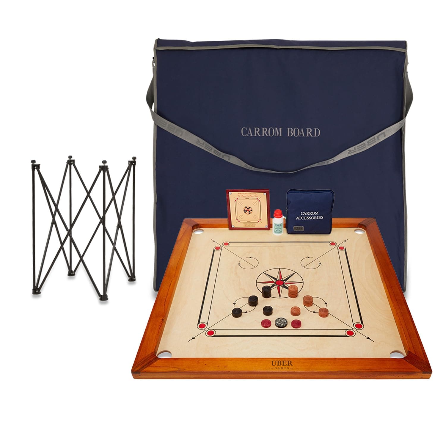 Premium Carrom Board Set - 78 x 78 cm Official Size Playing Board Including All - Hardwood Edges for Better Rebound - Made in India (Board + Bag + Table)