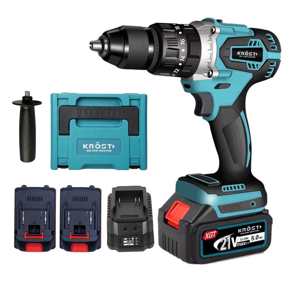 Pro Series 21V(37V MAX) Cordless Brushless Hammer Drill Machine,13mm Metal Chuck With 2x5.0Ah Li-ion Batteries And 1pc Fast Charger (Impact Drill)