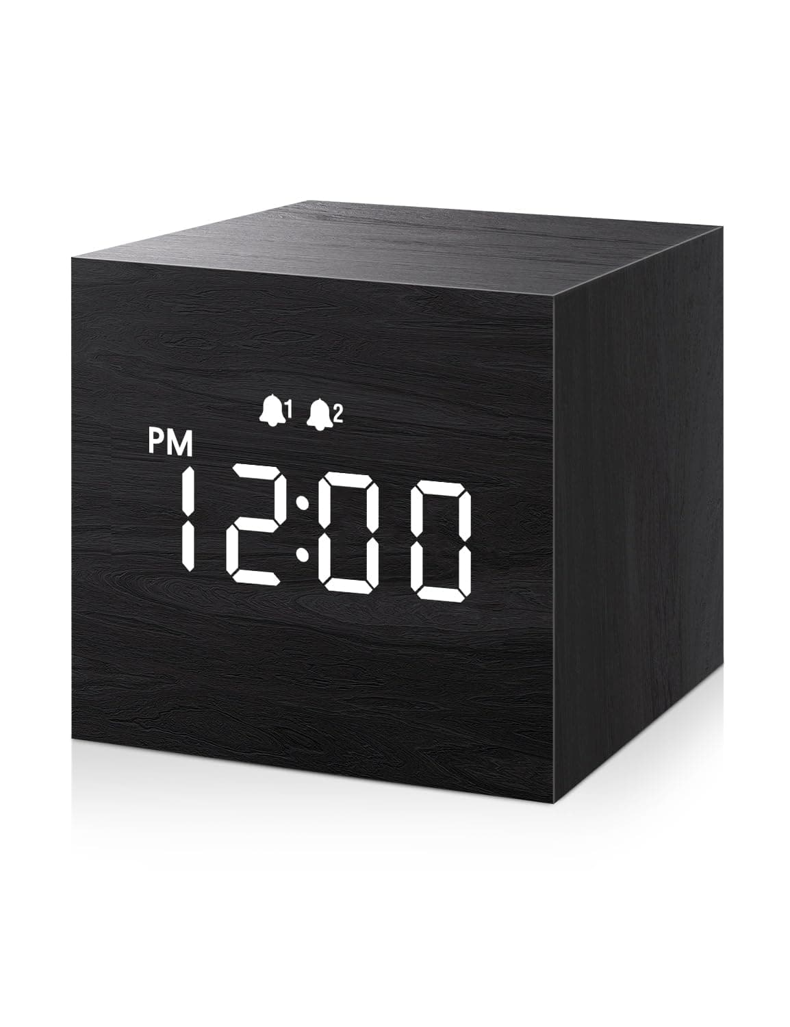 JALL Digital Alarm Clock, with Wooden Electronic LED Time Display, 3 Alarm, 2.5-inch Cubic Small Mini Wood Made Electric Clocks for Bedroom, Bedside, Desk, Black