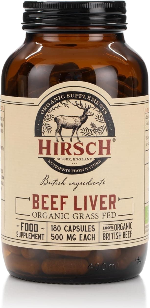 Hirsch Organic 100% UK Grass-Fed Beef Liver Capsules | British Sourced & Produced Freeze-Dried Supplement – Soil Association Certified – 180 Capsules
