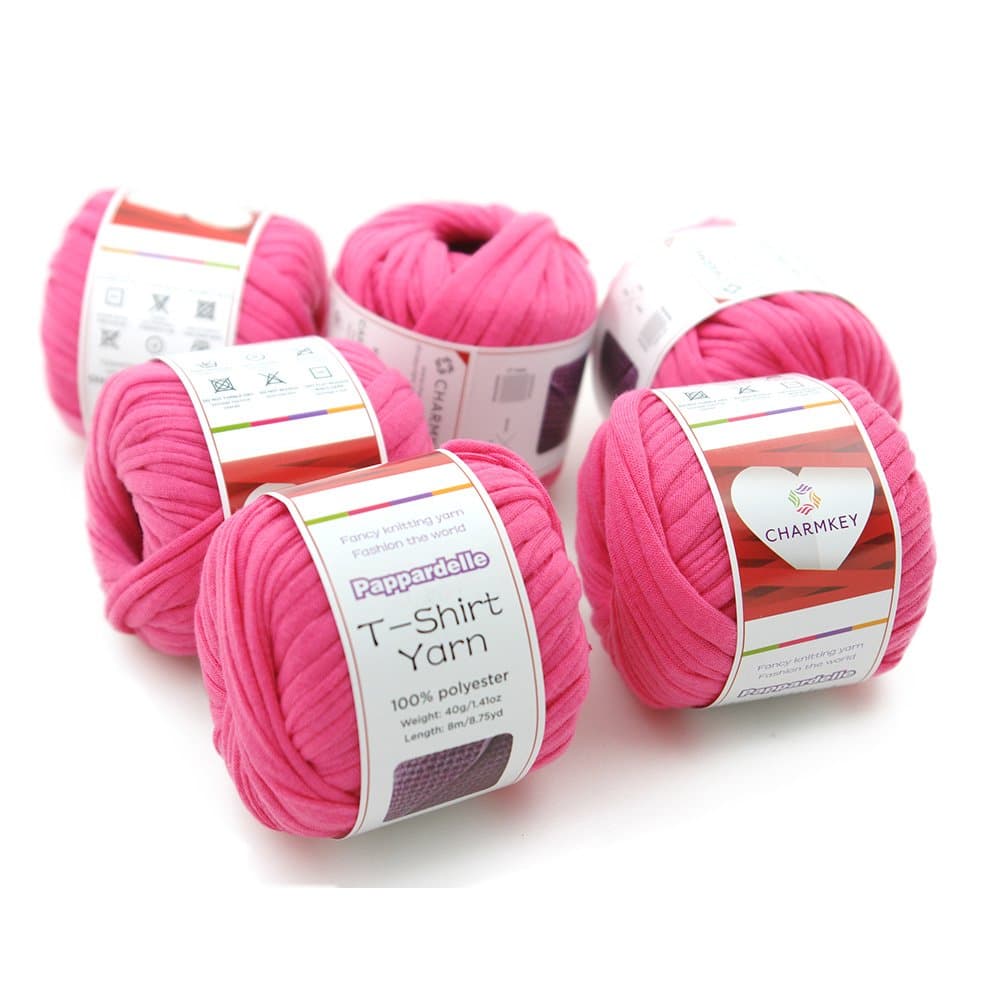 Charmkey Pappardelle T Shirt Yarn Soft 100% Polyester Fabric 7 Jumbo Fashion Knitting Cloth Tape for Crocheting Bags Bowls DIY Handicraft, Pack of 6 Skeins, 1.41 Ounce×6 (Fandango Pink)