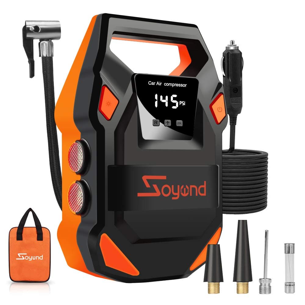soyond Portable Air Compressor Pump Tire Inflator for Car 150 PSI Precise Pressure Gauge Portable Air Pump, Auto Shut Off Motorcump LED Light, DC 12V Max Upgraded Digital (Orange)