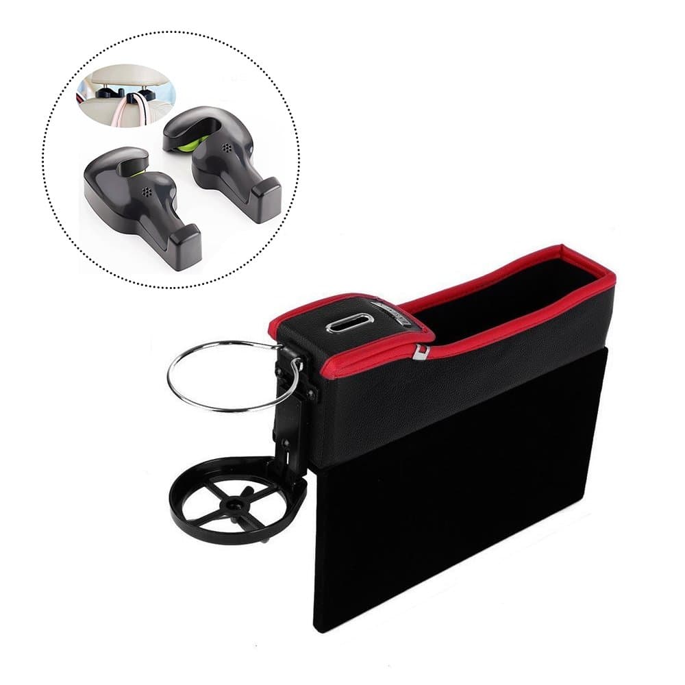 JAUTO Console Side Pocket, Coin Side Pocket, Car Seat Gap Filler Car Organizer with Cup Holder and 2-Pack Back Seat Headrest Hook(Passenger's Seat, Black&Red)