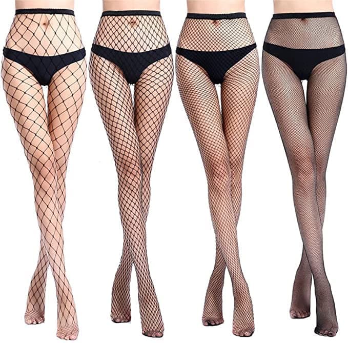 4 Styles Women Fishnet Tights Patterned Fishnets Stockings, black - S