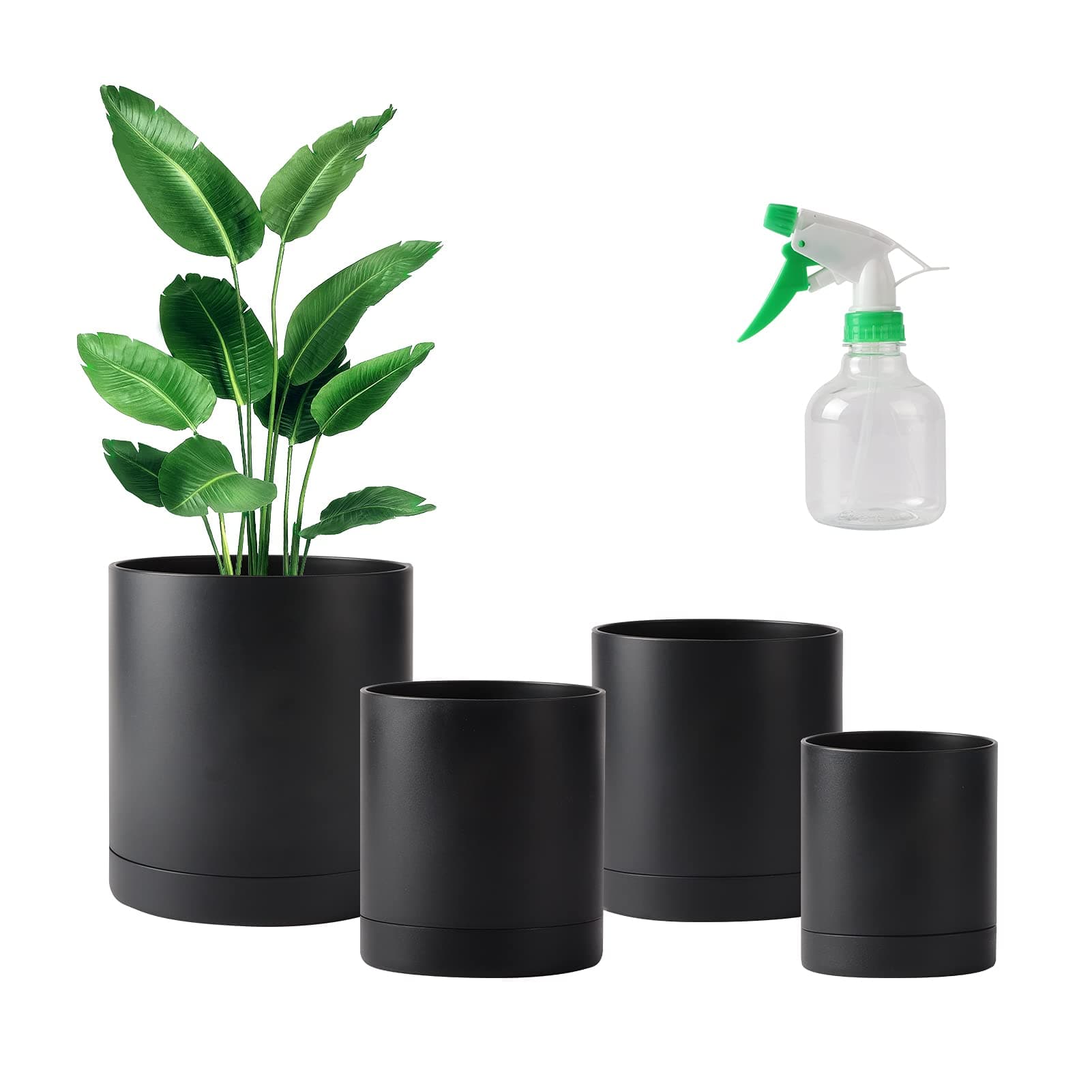 PETAFLOPBlack Plastic Plant Pots, 4 Pack 4/5/6/7 Inch Small Garden Planters with Drainage Hole & Saucers for Indoor Outdoor Plants