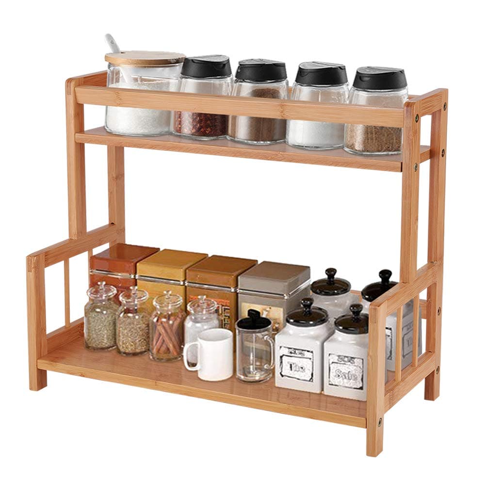 Ufine 2 Tier Bamboo Spice Rack Organizer Kitchen Countertop Storage Shelf Free Standing Holder Under Cabinet Bathroom for Various Bottles, Jars, Space Saving