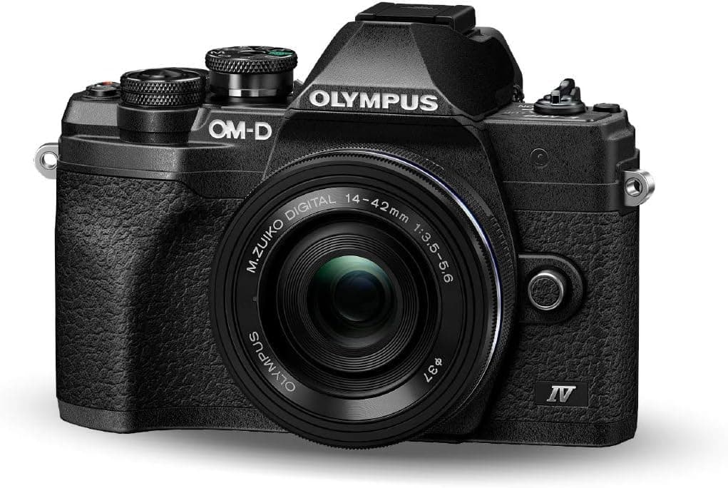 Olympus OM-D E-M10 Mark IV Micro Four Thirds System Camera Kit, 20 MP Sensor, 5-Axis Image Stabilization, Powerful AF, Wi-Fi, Black Includes M.Zuiko Digital ED 14-42 mm F3.5-5.6 EZ Pancake Black
