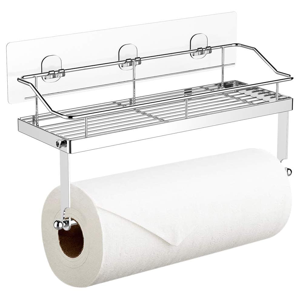 Paper Towel Holder with Shelf Storage, Wall Basket for Kitchen & Bathroom Accessories, No Drilling Adhesive Shelf ,Rustproof SUS304 Stainless Steel