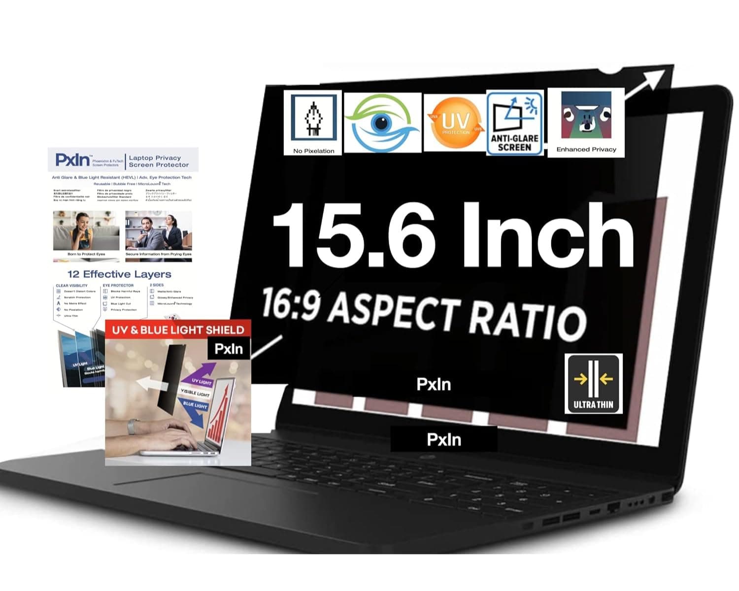 Pxin PHOENIX 15.6 Inch Laptop Privacy Screen Filter - No Eye Strain | Anti Blue Light + Anti Glare | No Dry Eyes | Privacy Screen Protector