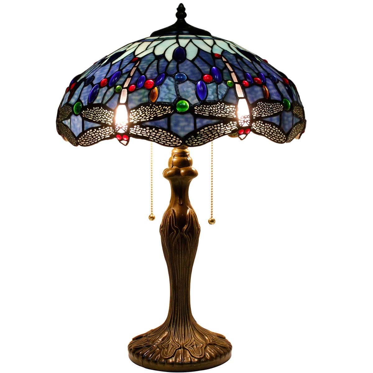 WERFACTORY Tiffany Style Table Lamp Blue Stained Glass Dragonfly Bedside Desk Reading Light Metal Base 16X16X24 Inches Decor Bedroom Living Room Home Office S004 Series