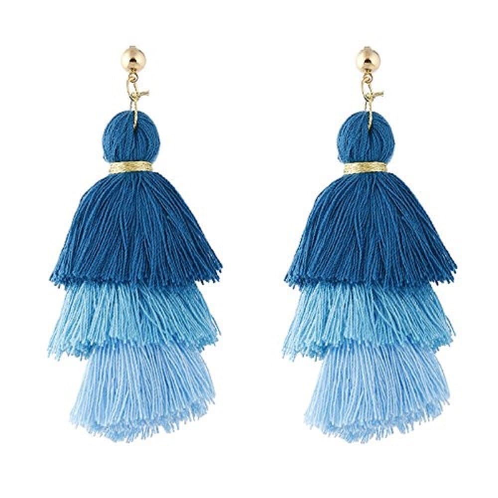 Multi Layered Tassel Earrings Tiered Thread Tassel Dangle Earrings-Blue