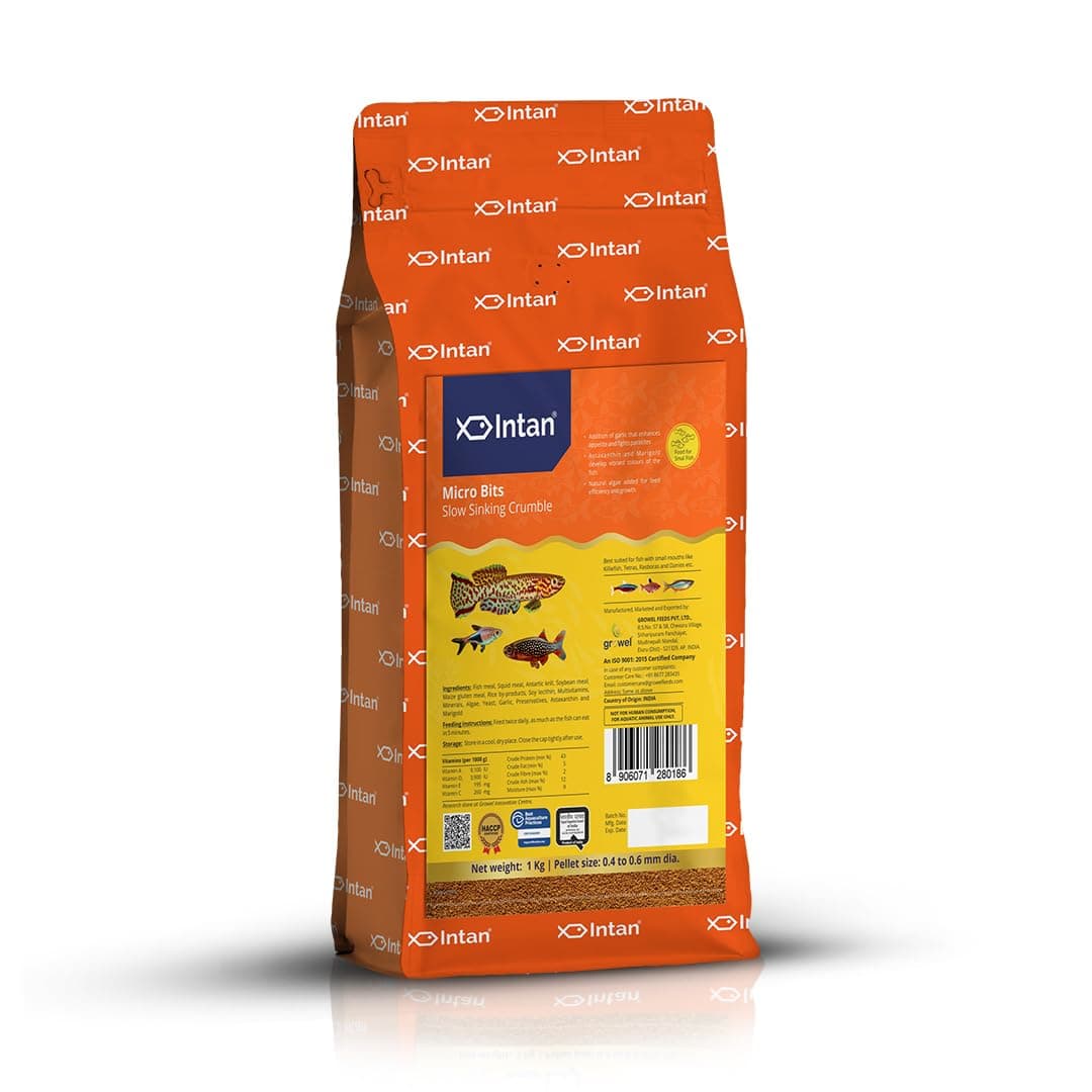 Intan Micro Bits (0.4-0.6mm Slow Sinking Crumble) | 1Kg - Highly Nutritious Ornamental Fish Food for Small Mouths - Killifish, Tetras, Rasboras & Danios | Growel Feeds