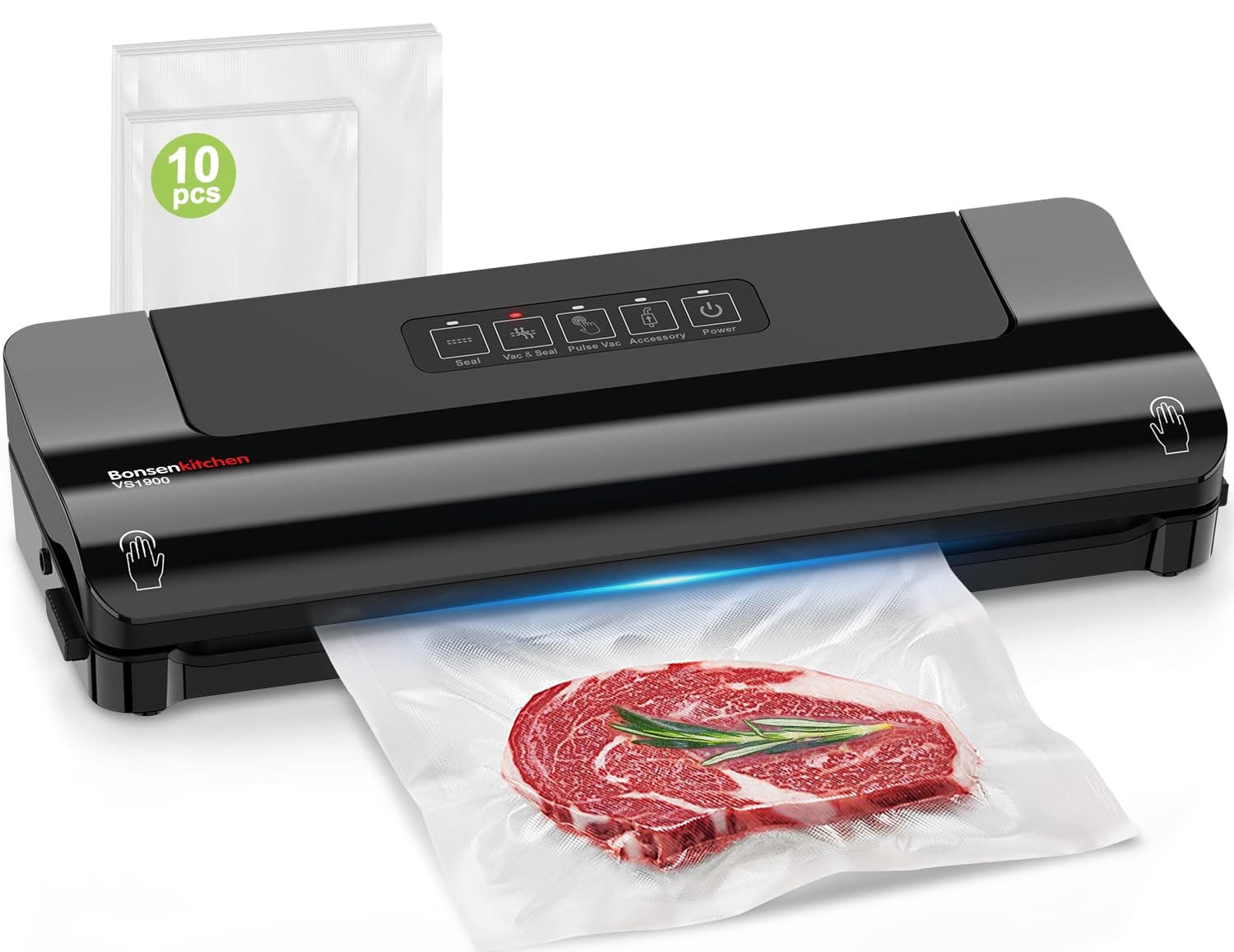 Bonsenkitchen Vacuum Sealer Machine Multi-Functional Food Sealer with 10 Vacuum Bags, Fast-Compact Design, External Vacuum System & Accessory Tube for Freshness Preservation