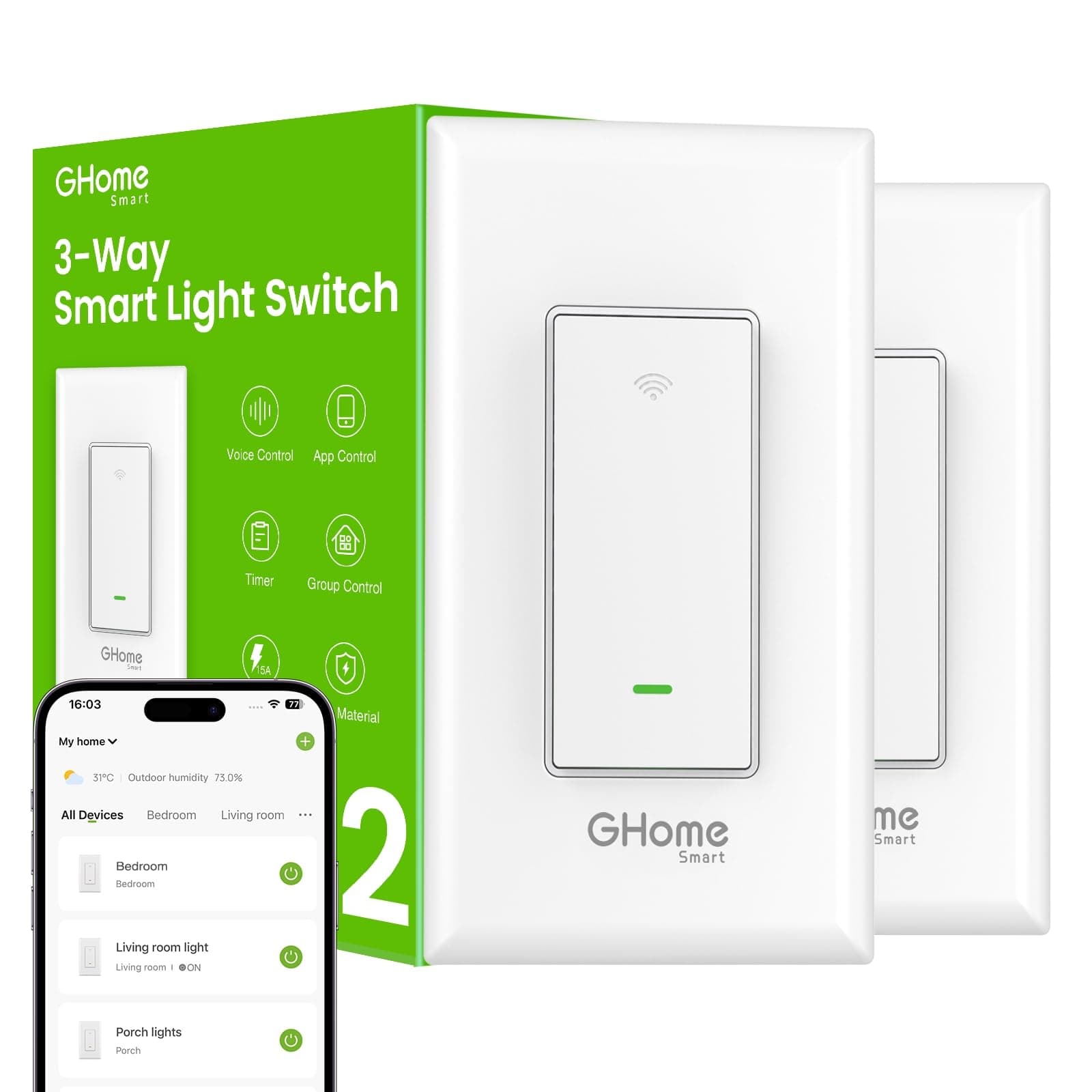 GHome Smart Switch, 3 Way Light Wi-Fi Switch Compatible with Alexa and Google Home, 2.4GHz Schedule Timer, Neutral Wire Required, 3-Way Installation and No Hub Required, ETL and FCC Listed (2-Pack)