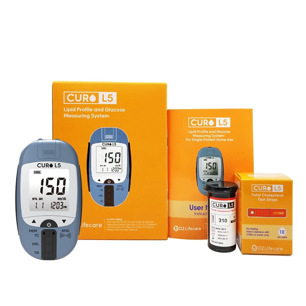 Blood Total Cholesterol Test Kit - Curo L5 Digital Meter - (10 Total Cholesterol Strips Included)