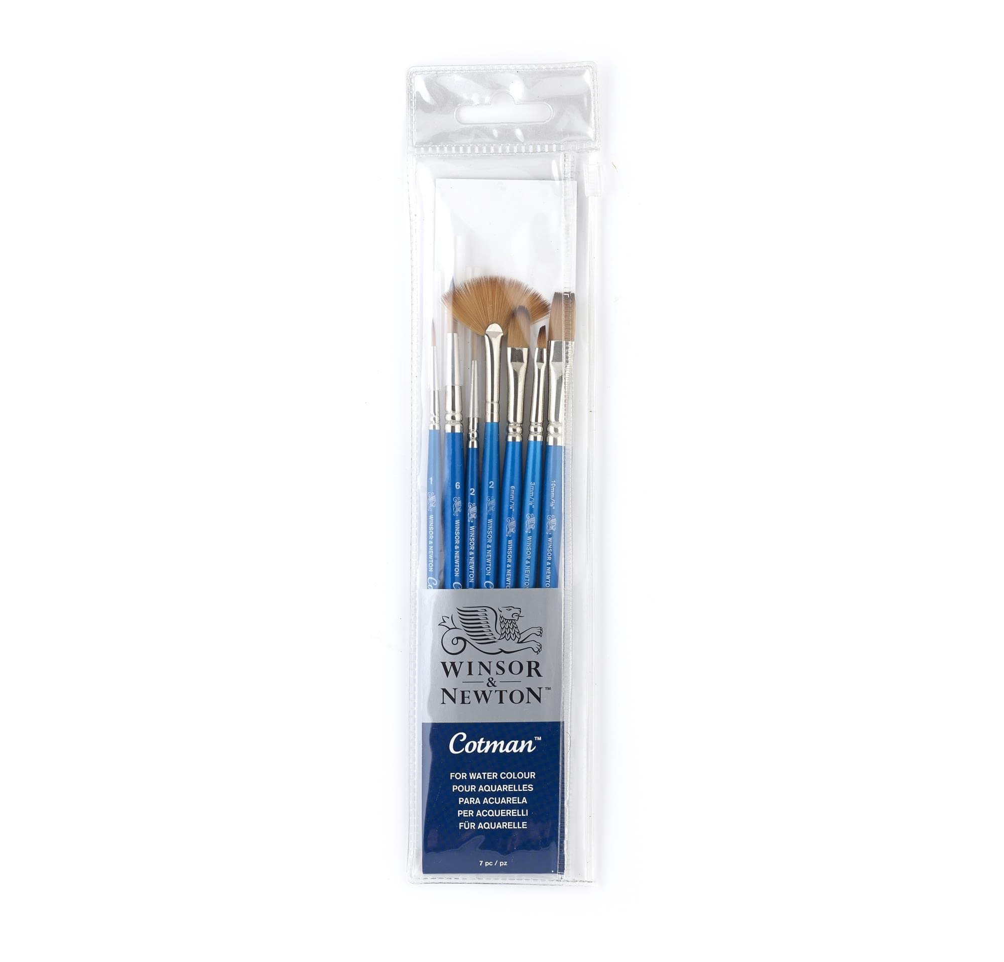Winsor & Newton Cotman Short Handle Brush (7 Pack) (Round 1 & 6, Rigger 2, Filbert 1/4", One Stroke 3/8", Angled 1/8", Fan 2)