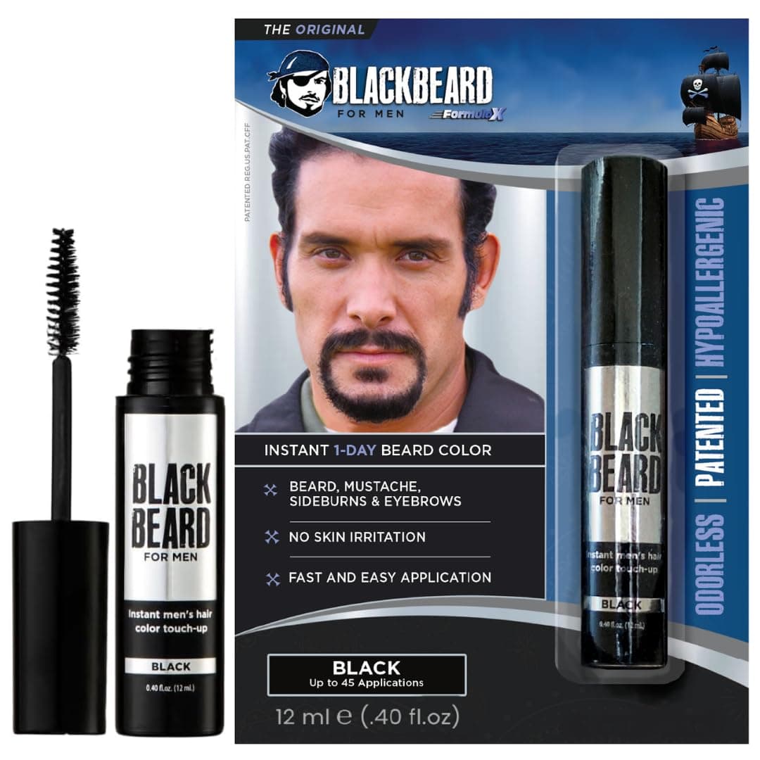 Blackbeard for Men Beard Color – 1-Day Beard, Mustache, Eyebrow, Sideburns Color – Temporary Facial Hair Tint - Hypoallergenic Beard Dye Alternative – Up to 45 applications – Black, 1 Pack