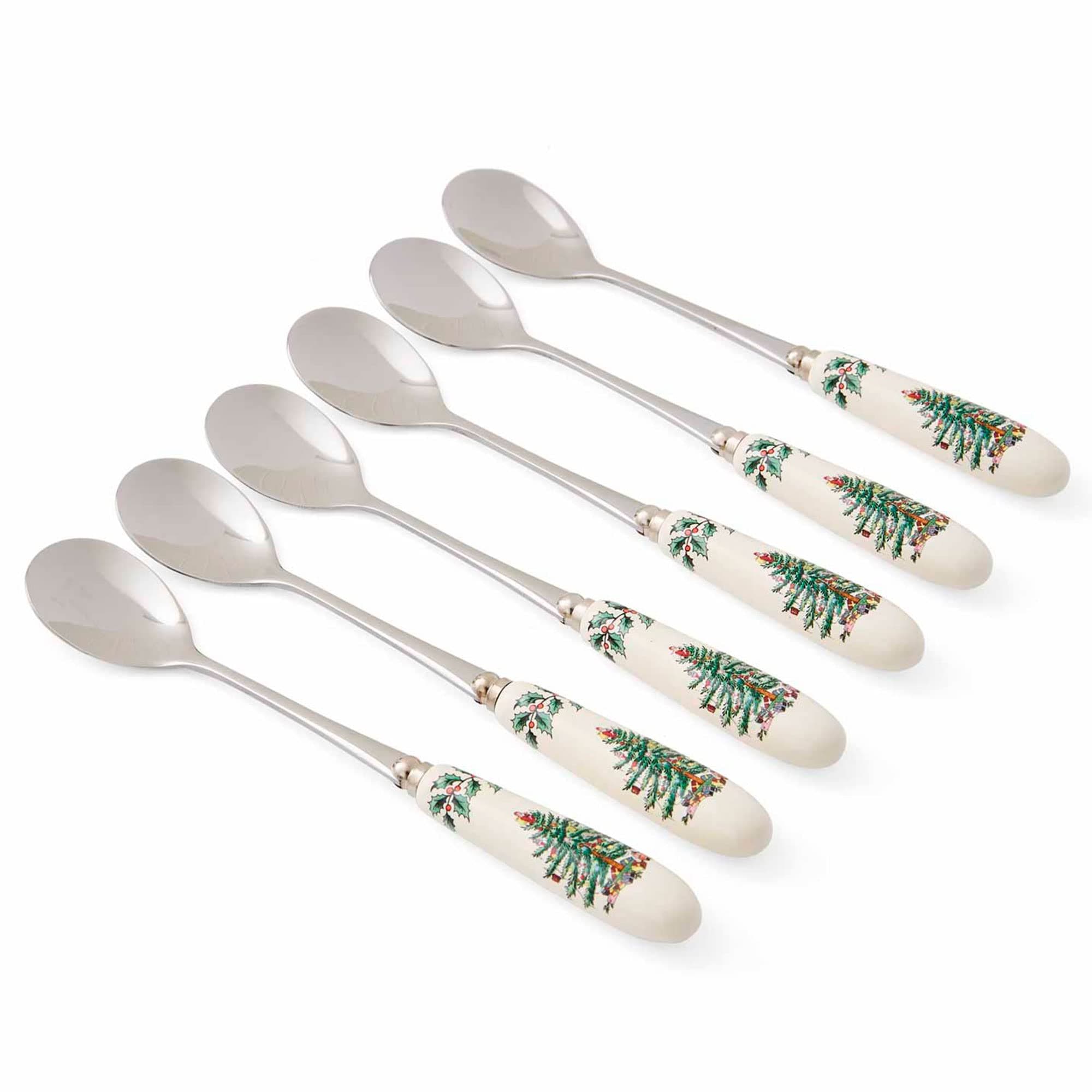 Spode Christmas Tree Teaspoons - Set of 6, Holiday Silverware for Desserts and Beverages, Stainless Steel Flatware with Porcelain Handles, 6-Inch Festive Dessert Spoons, Gift-Boxed