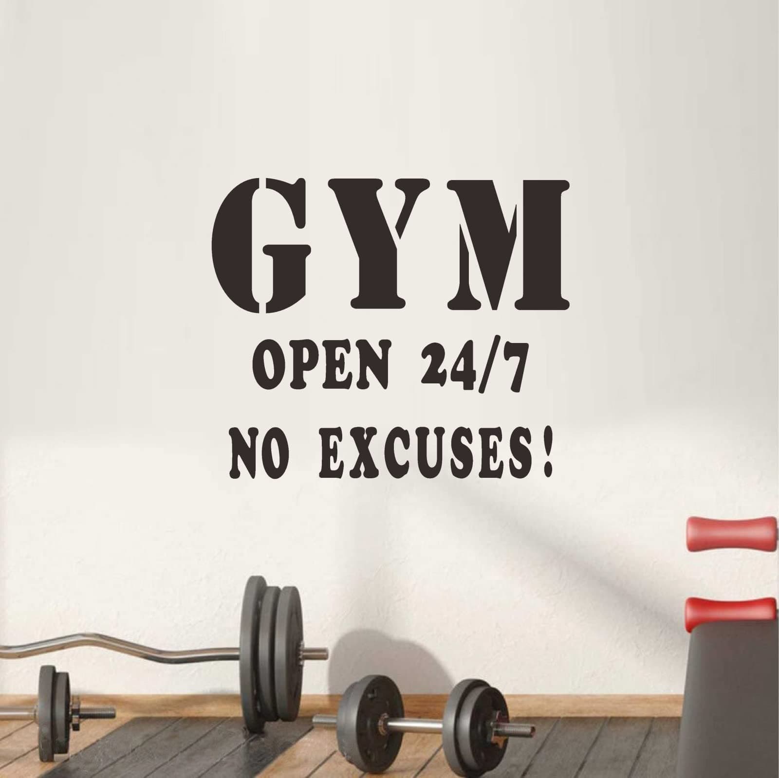 Easma Gym Wall Decal Gym Open 24/7 NO Excuses Wall Quote Inspirational Attitude Vinyl Wall Decals for Fits Home Gym,Living Room Office -7.5inX35in