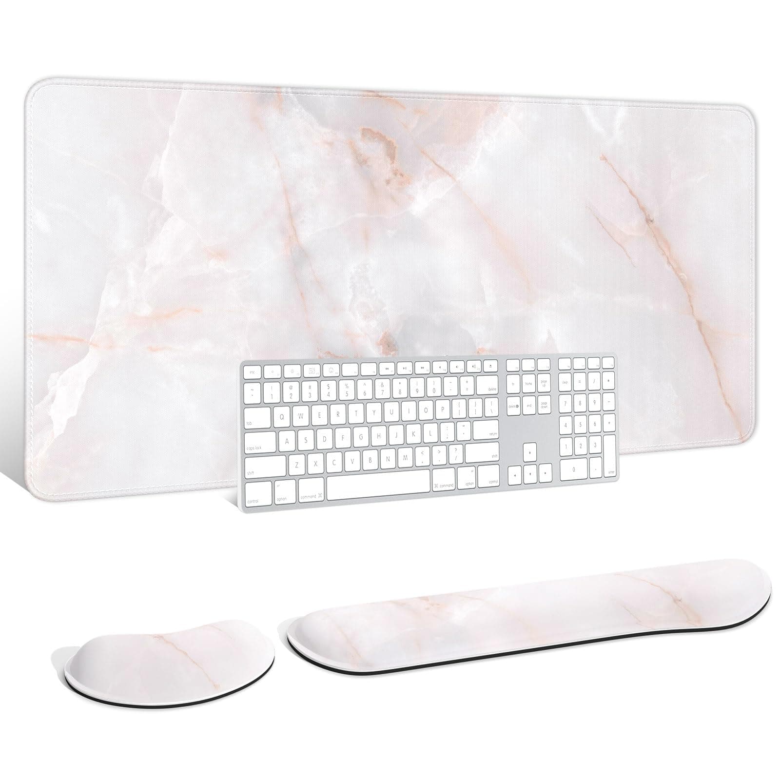 Auhoahsil Large Mouse Pad with Wrist Rests for Keyboard & Mouse, Thick Soft Ergonomic Memory Foam Wrist Supports, Big & Long Desk Mat 35.5 x 15.7 in, for Office Gaming Computer, White Marble