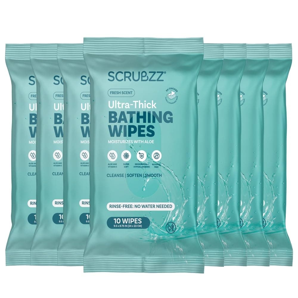 Scrubzz Extra Large Bath Wipes for Adults - 80 Count, No Rinse, Disposable Body Cleansing Wipes - Ideal for Gym, Post Surgery, Camping & Elderly Care