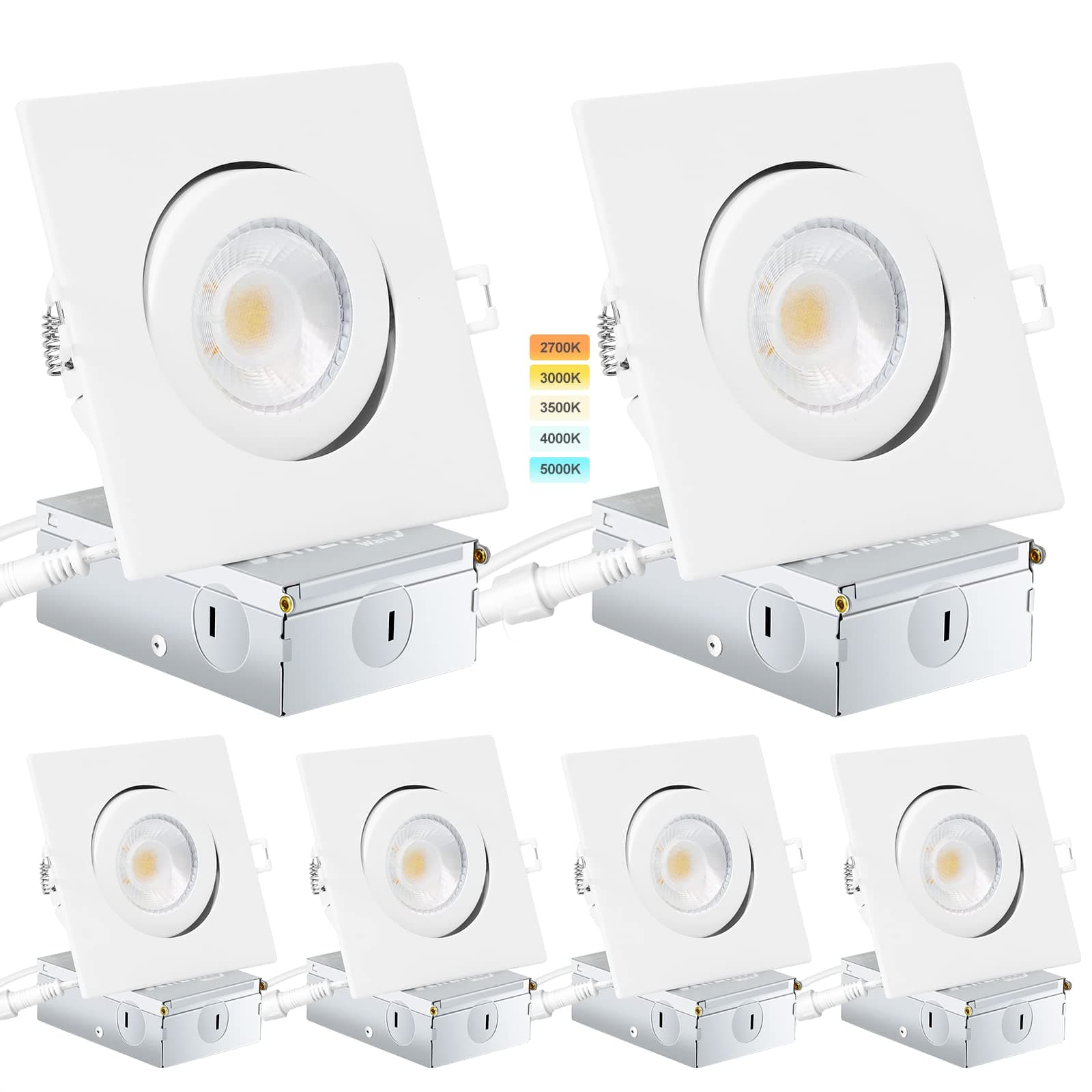 KnLnny Ware Square Gimbal Recessed Lighting 4 Inch 6 Pack,Eyeball Led Lights with Junction Box,5CCT Selectable,9W 750LM,Dimmable