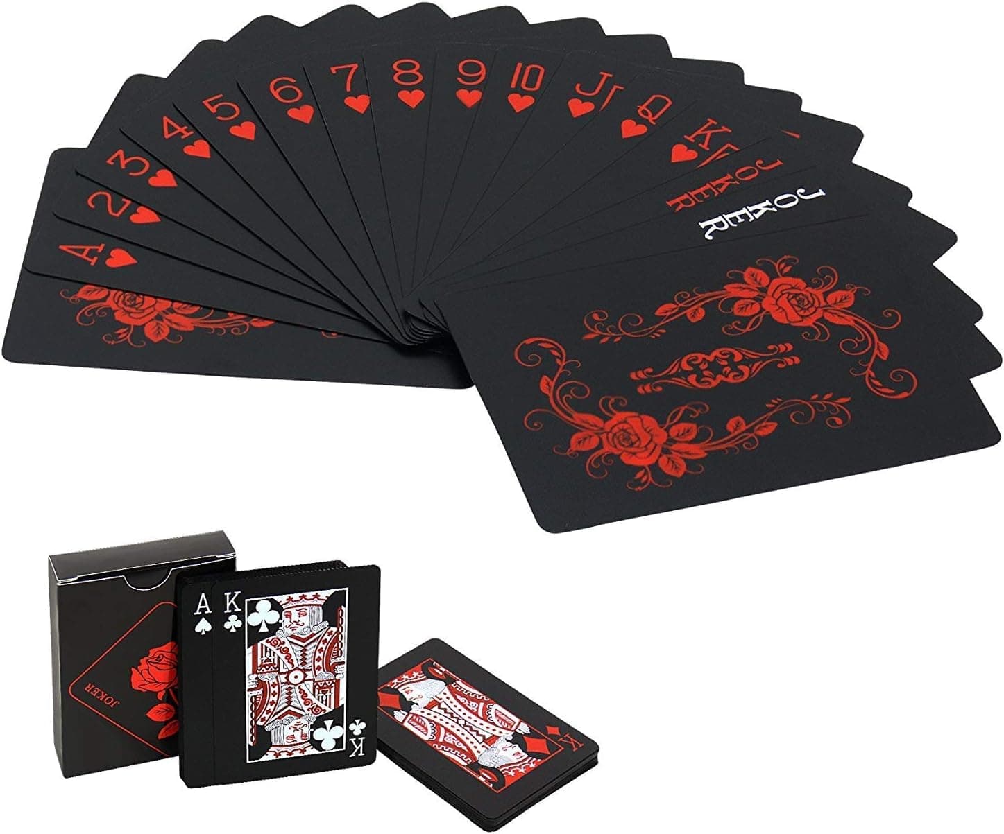 54Pcs Poker Playing Cards Black Deck of Poker Card with Rose Pattern & Flower Backing, Classic Magic Tricks Tool - Super Waterproof PVC Cards
