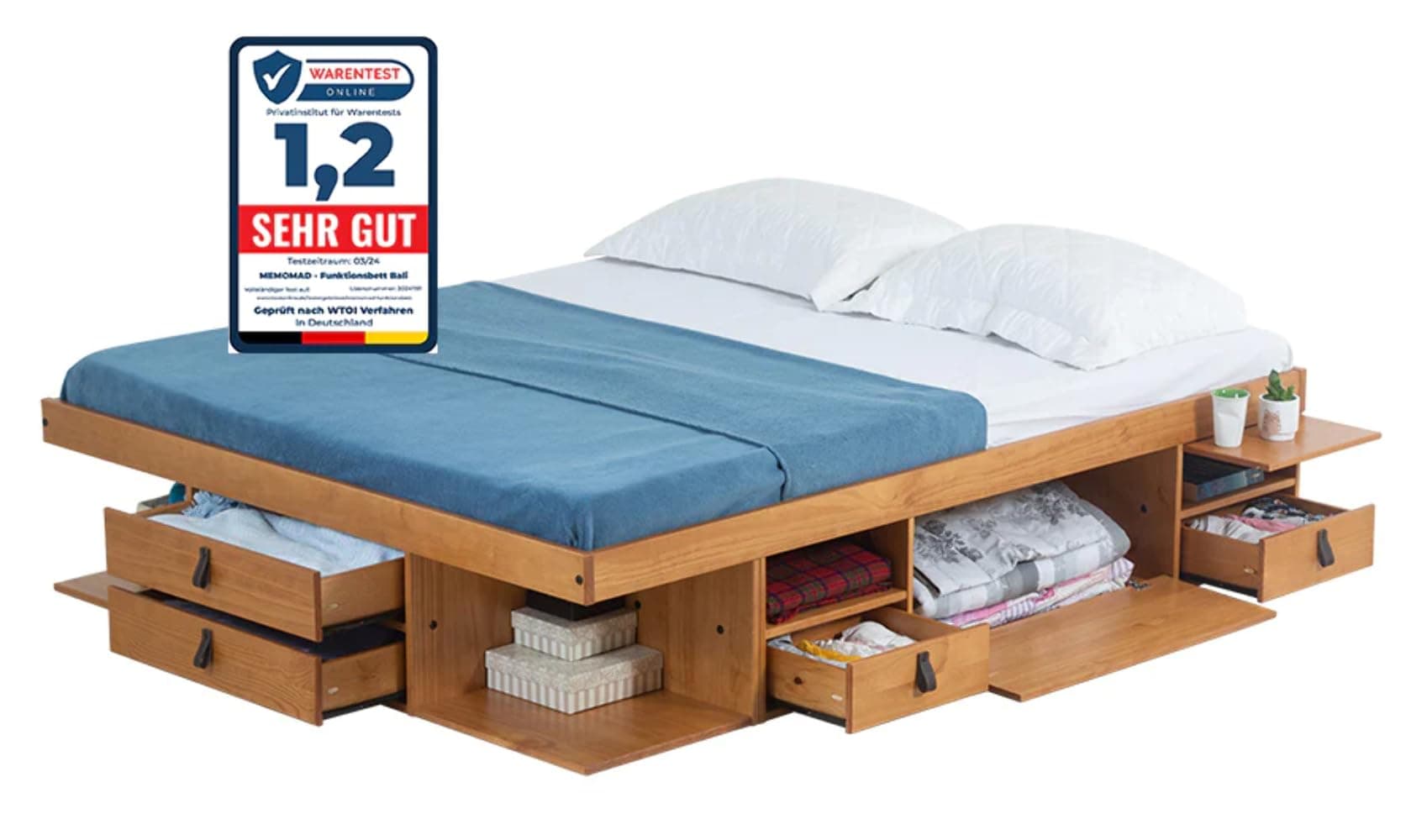 Memomad Bali Oak Bed with Base 160 x 200 cm – Solid Wood Bed and Lots of Storage Space, Ideal for Small Bedrooms – Practical, Sturdy and Elegant