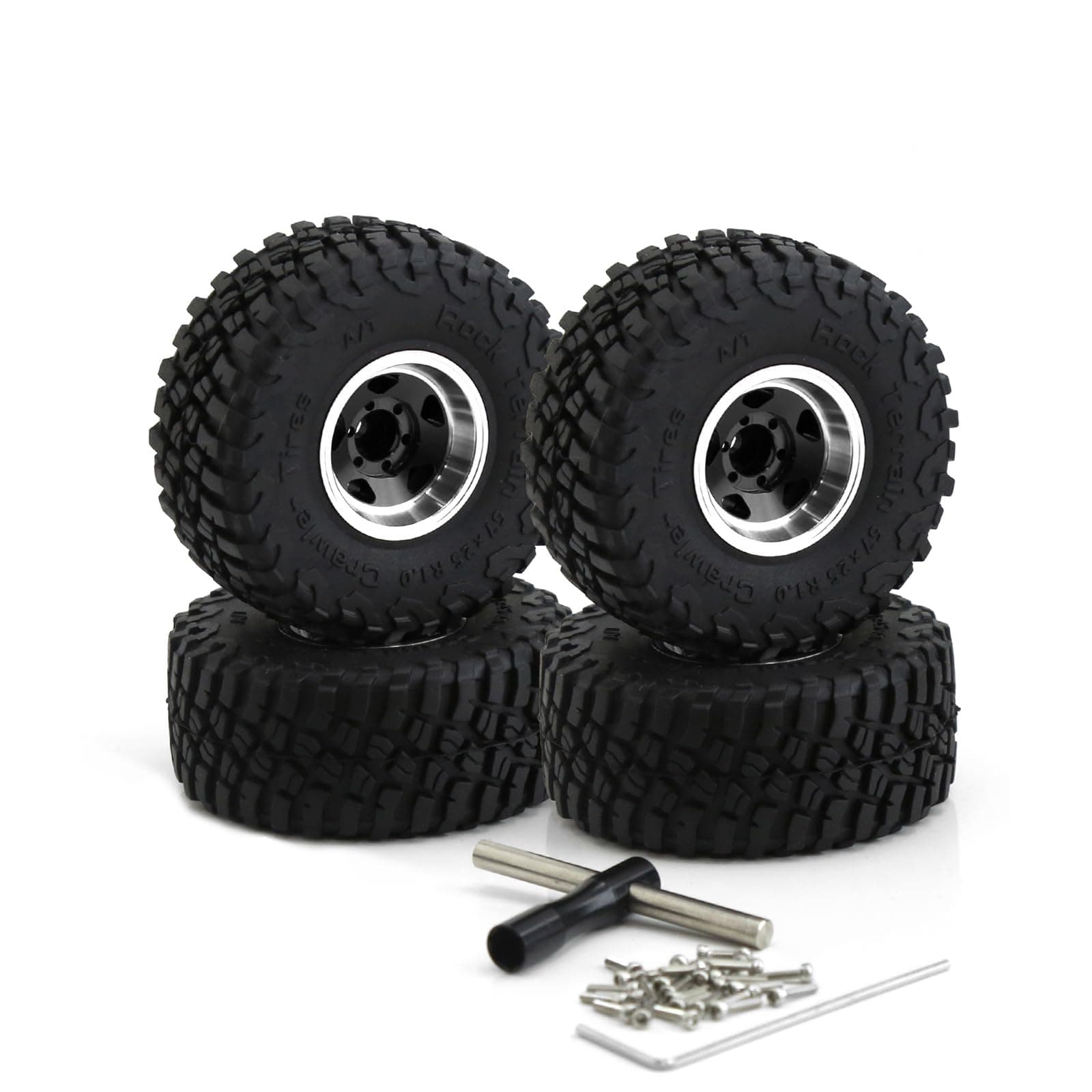 1.0 Beadlock Wheels and Tires 1/24 1/18 RC Mud Slingers Grappler Tyres for 1:24 1:18 RC Scale Rock Crawler Car SCX24 FMS FCX24 TRX4M Axial AX24 90081 Gladiator Bronco C10 4PCS (Black)
