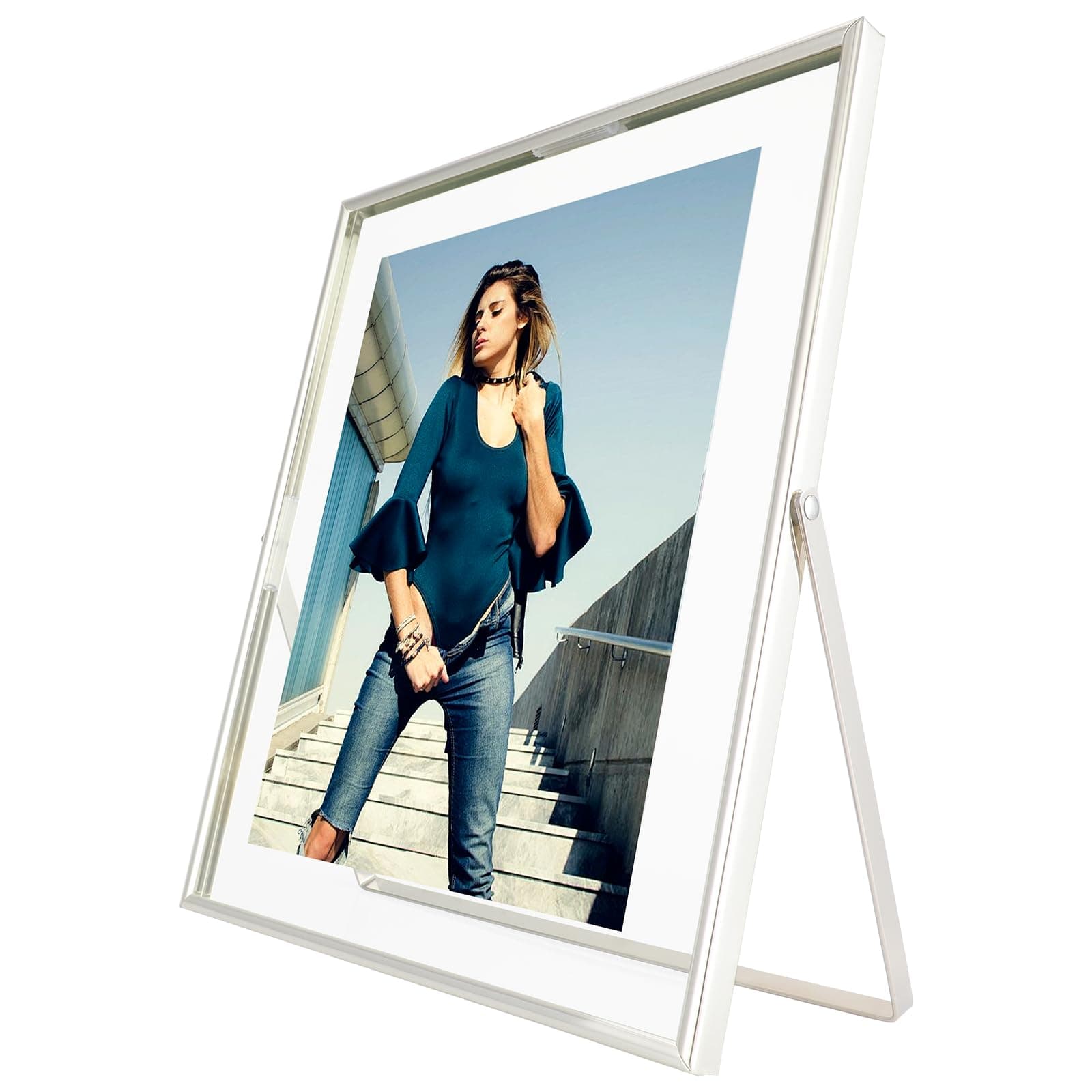 Silver Floating Frame (8"x10", Vertical), For Picture 7x9, 6x8, 5x7, Tabletop Shelf Photo Frame, Classy Gift For Graduation Commemoration, Birthday or Wedding