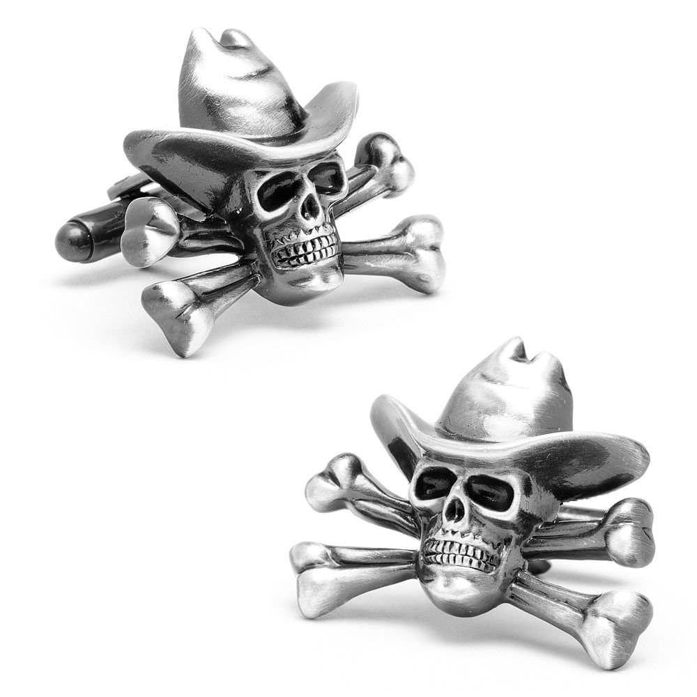 Silver Tone Brushed Style Skull and Cross Bones Wild West Cowboy Skeleton Skull Head Cufflinks B3120