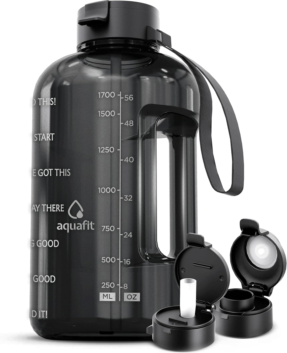 AQUAFIT Half Gallon Water Bottle With Time Marker - 64 oz Water Bottle With Straw - Gym Water Bottle With Strap - Big Water Bottle - Reusable Water Bottles With Straw - Large Water Bottle With Handle