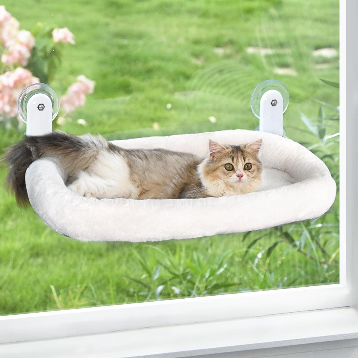 Cat Window Perch, Cordless Cat Hammock Window Seat with Cozy Pad for Indoor Cats, Durable Metal Frame Support with 4 Suction Cups - Cushion Pad Bed - White