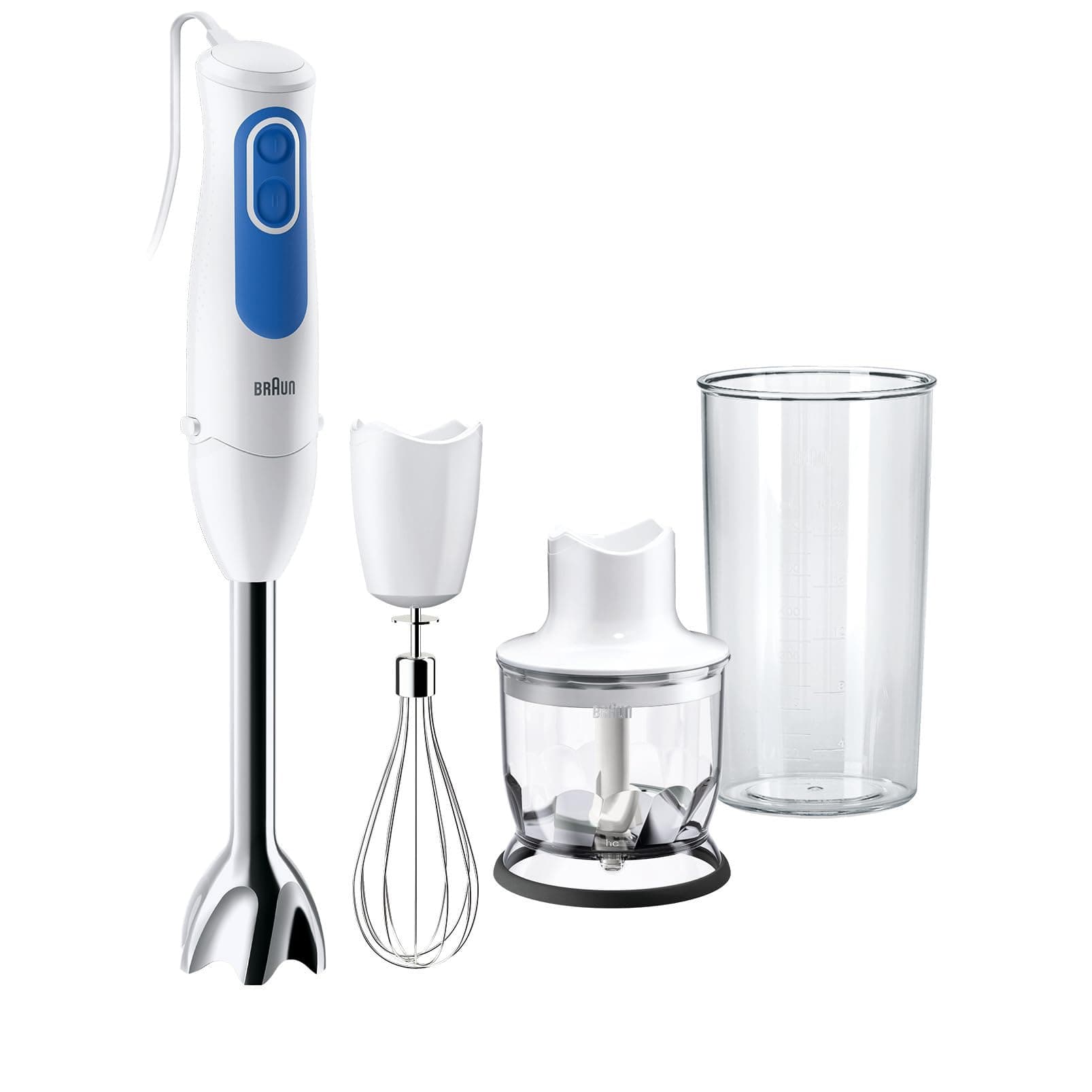MultiQuick 3 MQ3025 Hand Blender, Spaghetti Mixer, 2 Speeds, Splash Control, Dishwasher Safe parts, 350ml Chopper, Whisk and BPA-Free Plastic Beaker - White