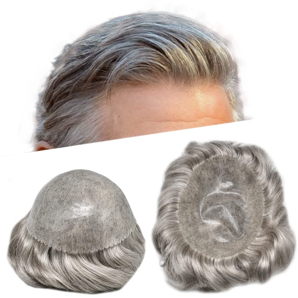 Toupee for Men's Hair Replacement System - Full Injected PU Durable Skin Wig - Soft Human Hair Piece - Grey, 5"x7" #565 Light-Med Brown+65% Gray-120% Medium Light to Medium