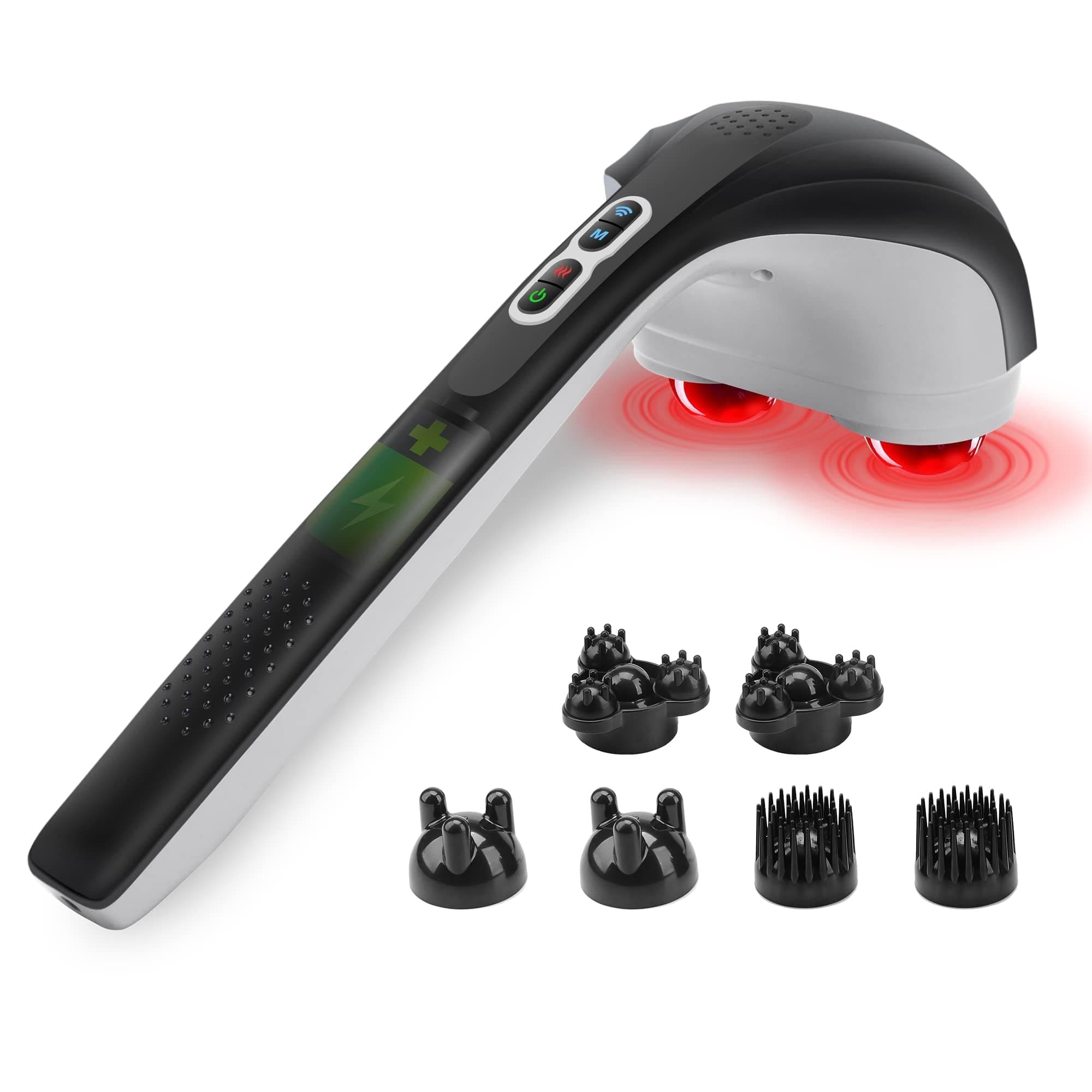 Snailax Cordless Handheld Back Massager with Heat, Deep Tissue Percussion Massager, 3 Sets of Dual Pivoting Heads,Rechargeable Hand Held Massager for Neck,Back Shoulder,Calf,Legs