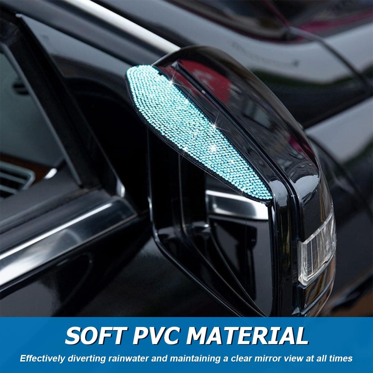 2PCS Car Rearview Mirror Rain Eyebrows, Bling Crystal Rear View Mirror Rain Visor Guard, PVC Waterproof Auto Mirror Visor Smoke Shade Cover, Automotive Exterior Accessories Decor(Light Blue)